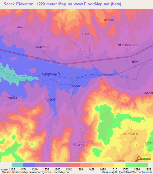 Sacak,Turkey Elevation Map