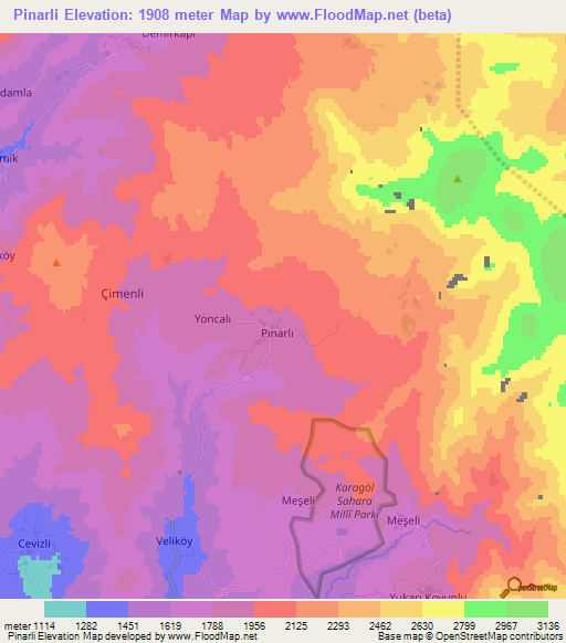 Pinarli,Turkey Elevation Map