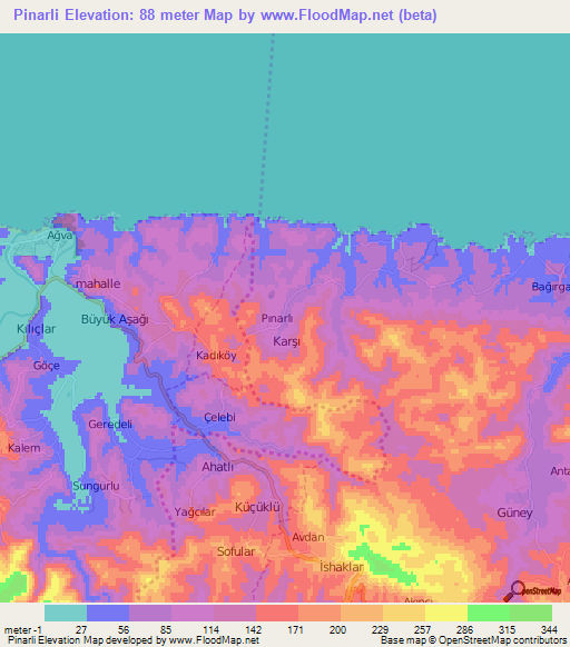 Pinarli,Turkey Elevation Map