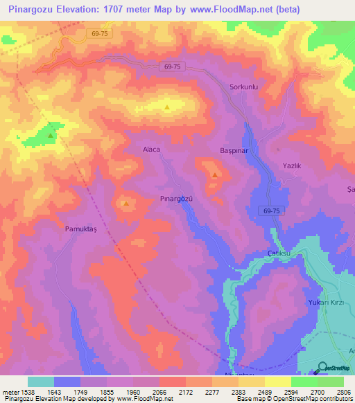 Pinargozu,Turkey Elevation Map