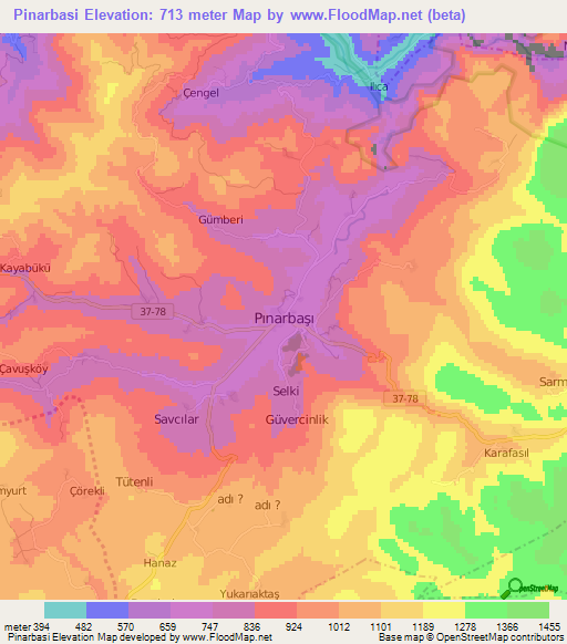 Pinarbasi,Turkey Elevation Map