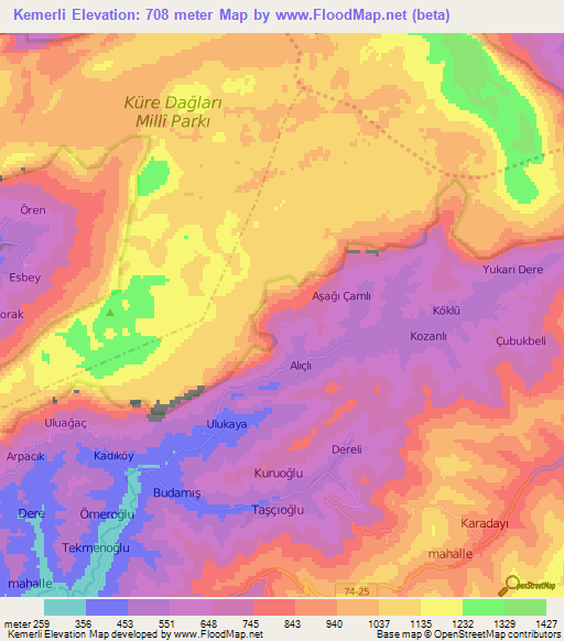 Kemerli,Turkey Elevation Map