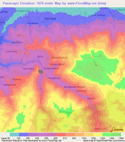 Pazarcayir,Turkey Elevation Map