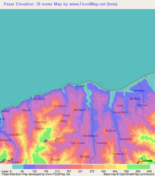 Pazar,Turkey Elevation Map