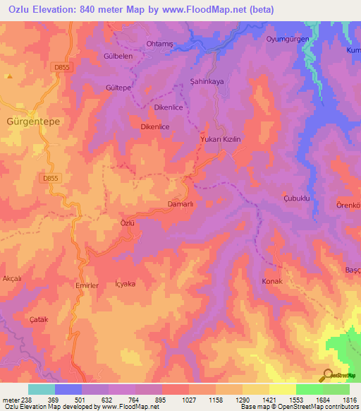 Ozlu,Turkey Elevation Map