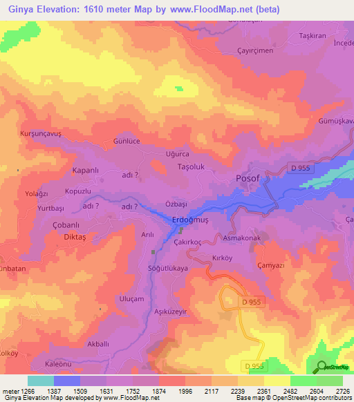 Ginya,Turkey Elevation Map