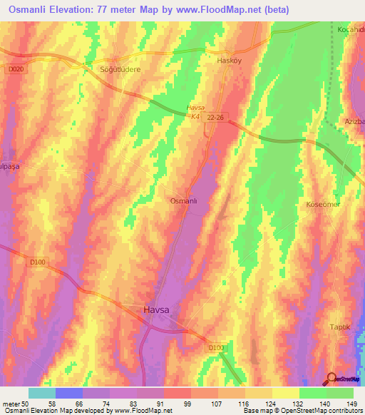 Osmanli,Turkey Elevation Map