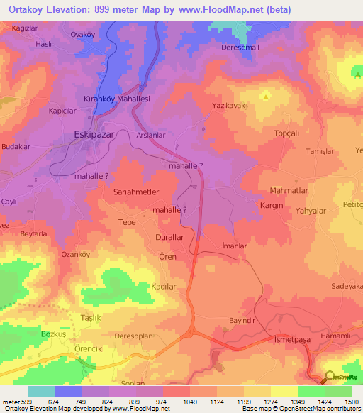 Ortakoy,Turkey Elevation Map