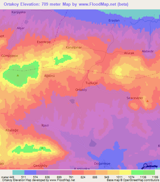 Ortakoy,Turkey Elevation Map