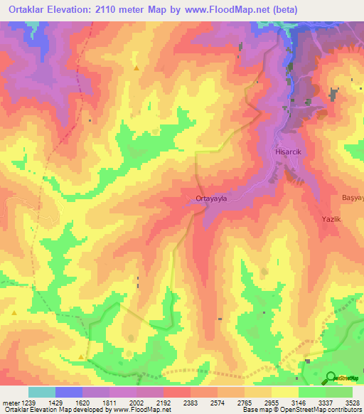 Ortaklar,Turkey Elevation Map