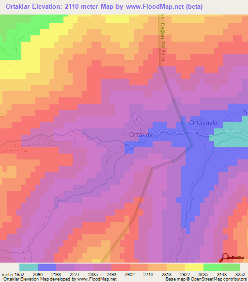 Ortaklar,Turkey Elevation Map