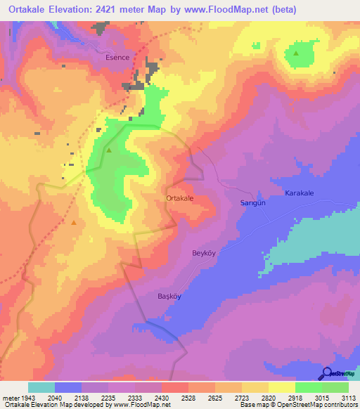 Ortakale,Turkey Elevation Map