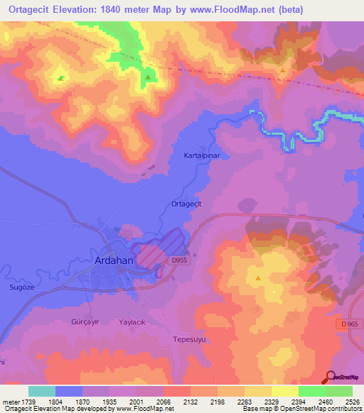 Ortagecit,Turkey Elevation Map