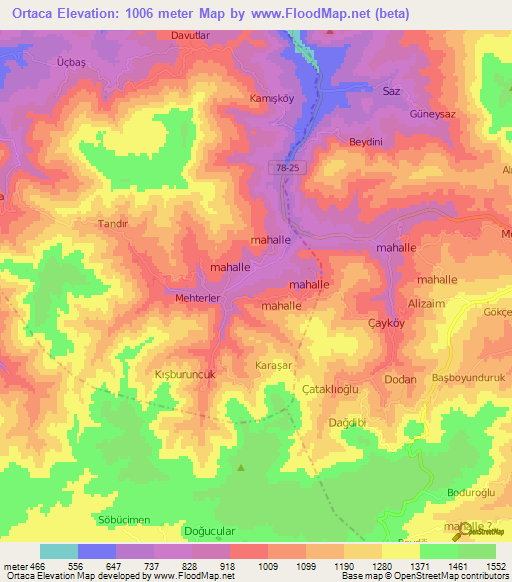 Ortaca,Turkey Elevation Map