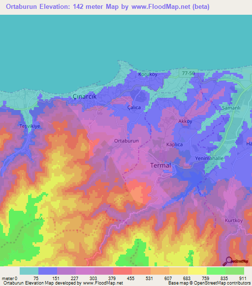 Ortaburun,Turkey Elevation Map