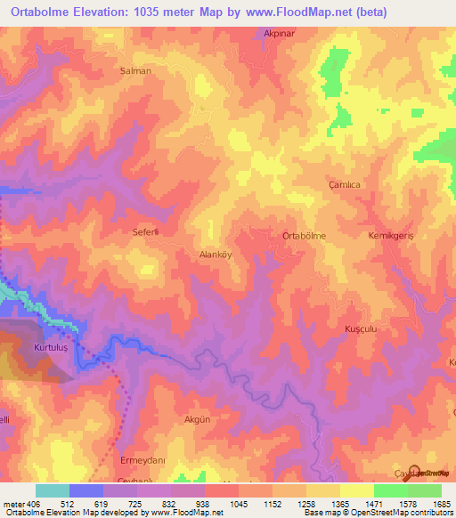 Ortabolme,Turkey Elevation Map