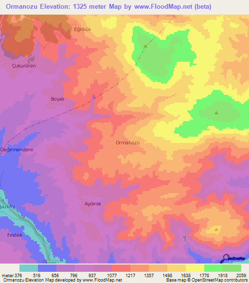 Ormanozu,Turkey Elevation Map