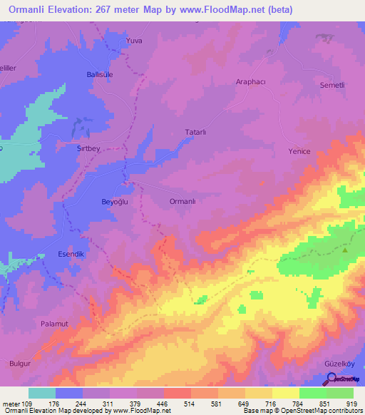 Ormanli,Turkey Elevation Map