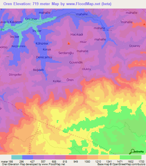 Oren,Turkey Elevation Map