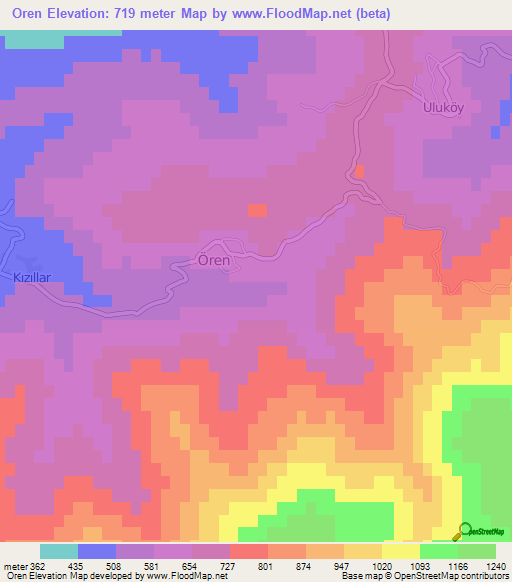 Oren,Turkey Elevation Map