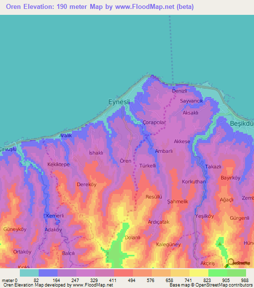 Oren,Turkey Elevation Map