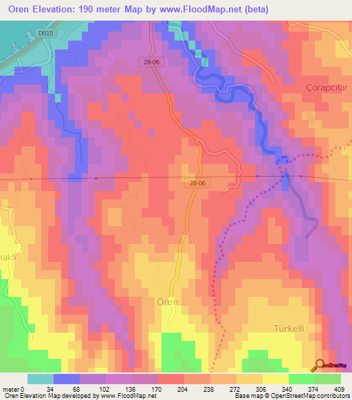 Oren,Turkey Elevation Map