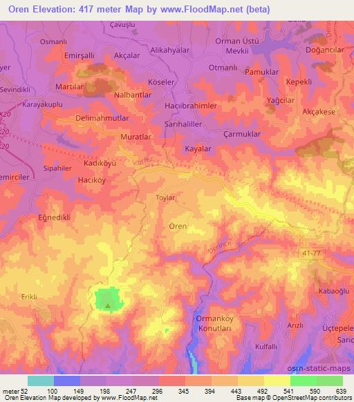 Oren,Turkey Elevation Map