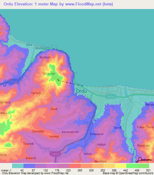 Ordu,Turkey Elevation Map