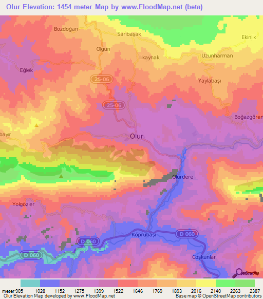 Olur,Turkey Elevation Map