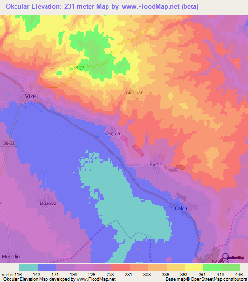 Okcular,Turkey Elevation Map