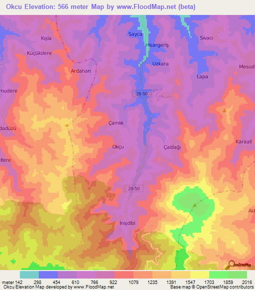 Okcu,Turkey Elevation Map