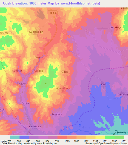 Odek,Turkey Elevation Map