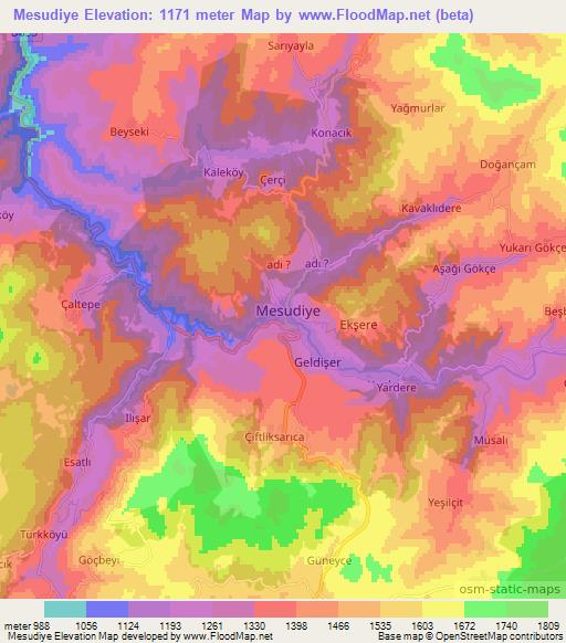 Mesudiye,Turkey Elevation Map