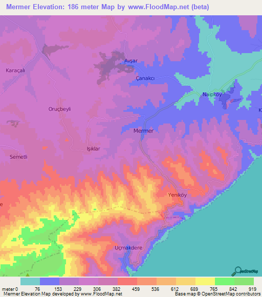 Mermer,Turkey Elevation Map