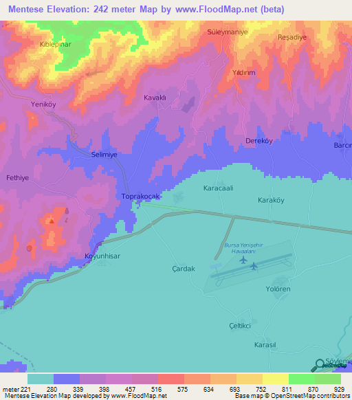 Mentese,Turkey Elevation Map