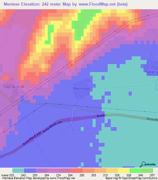 Mentese,Turkey Elevation Map