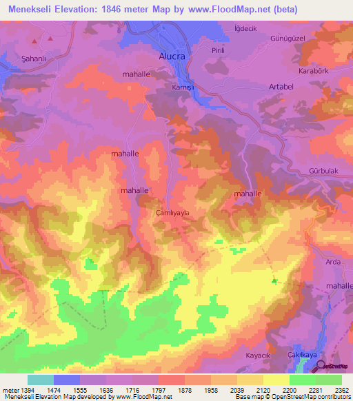 Menekseli,Turkey Elevation Map