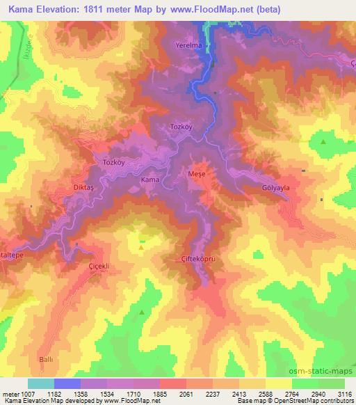 Kama,Turkey Elevation Map