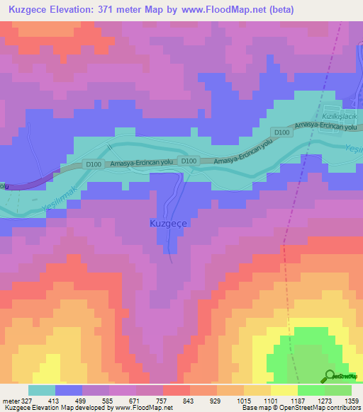 Kuzgece,Turkey Elevation Map