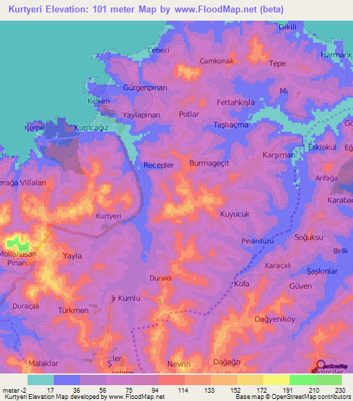 Kurtyeri,Turkey Elevation Map