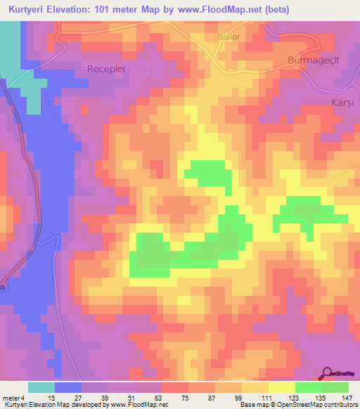 Kurtyeri,Turkey Elevation Map