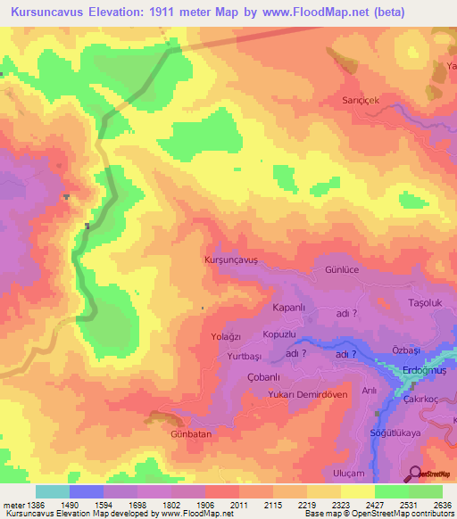 Kursuncavus,Turkey Elevation Map