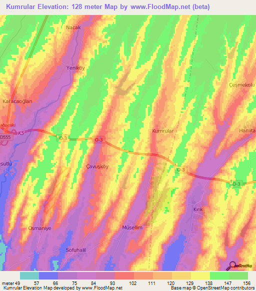 Kumrular,Turkey Elevation Map