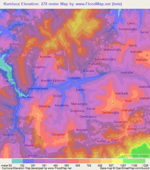 Kumluca,Turkey Elevation Map