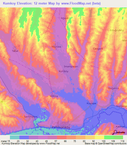 Kumkoy,Turkey Elevation Map