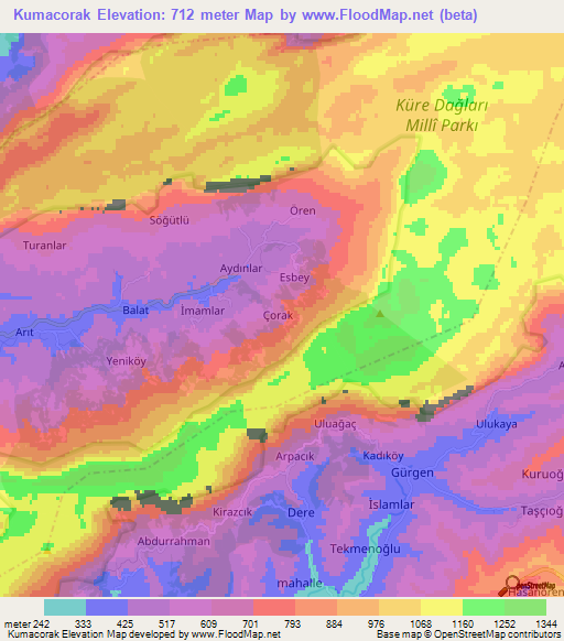 Kumacorak,Turkey Elevation Map