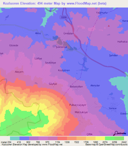 Kozluoren,Turkey Elevation Map