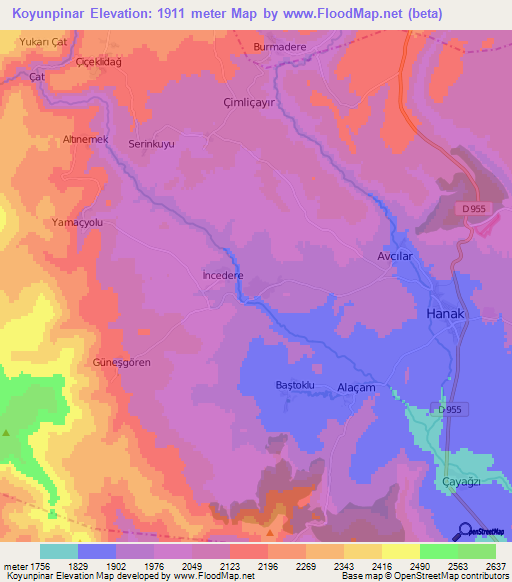 Koyunpinar,Turkey Elevation Map