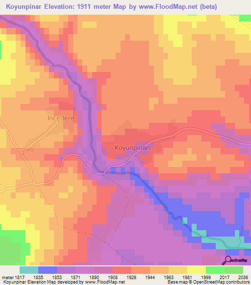 Koyunpinar,Turkey Elevation Map