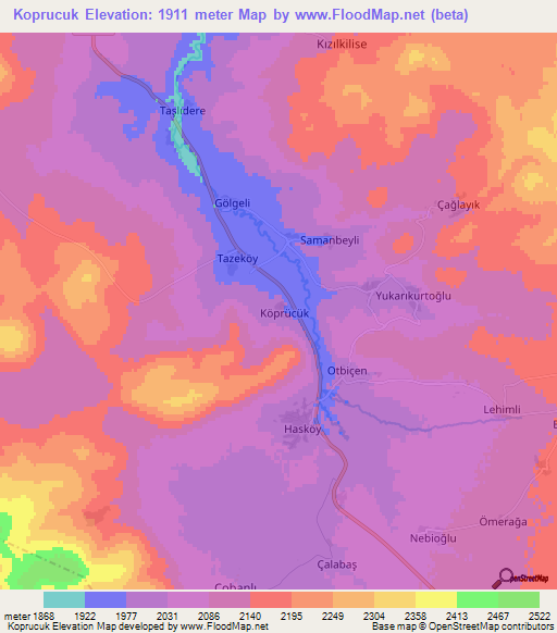 Koprucuk,Turkey Elevation Map